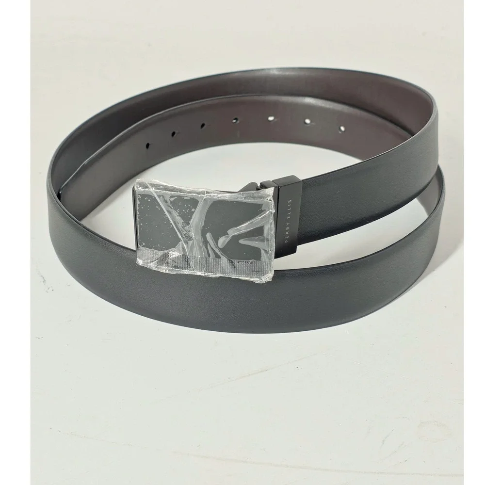 Perry Ellis Mens Belt Black/Brown 42 Reversible Plaque Buckle DP06029